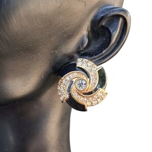 Vintage Swarovski Spiral Swirl Black & Gold Crystal Clip-On Earrings